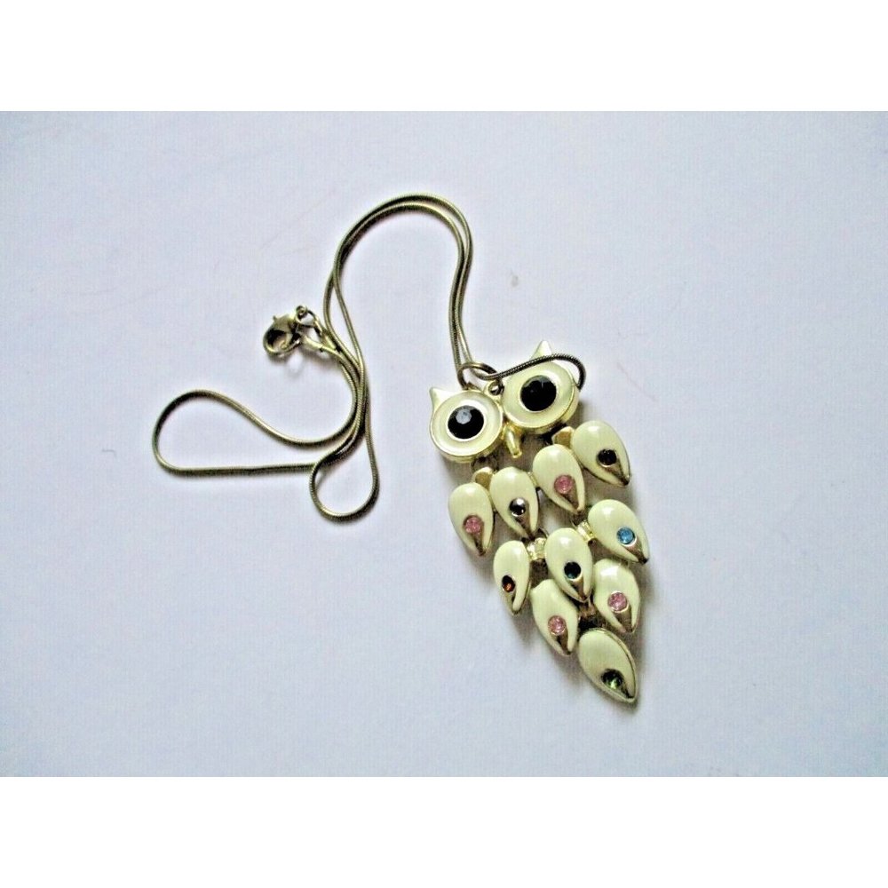 RETRO Owl Enamel Assorted Faux Gem Layered Goldtone Link 18" Necklace